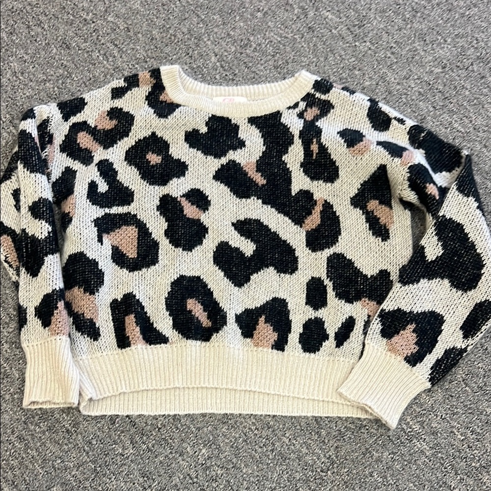GB girls Cream and Black Crew Neck Leopard Print Sweater